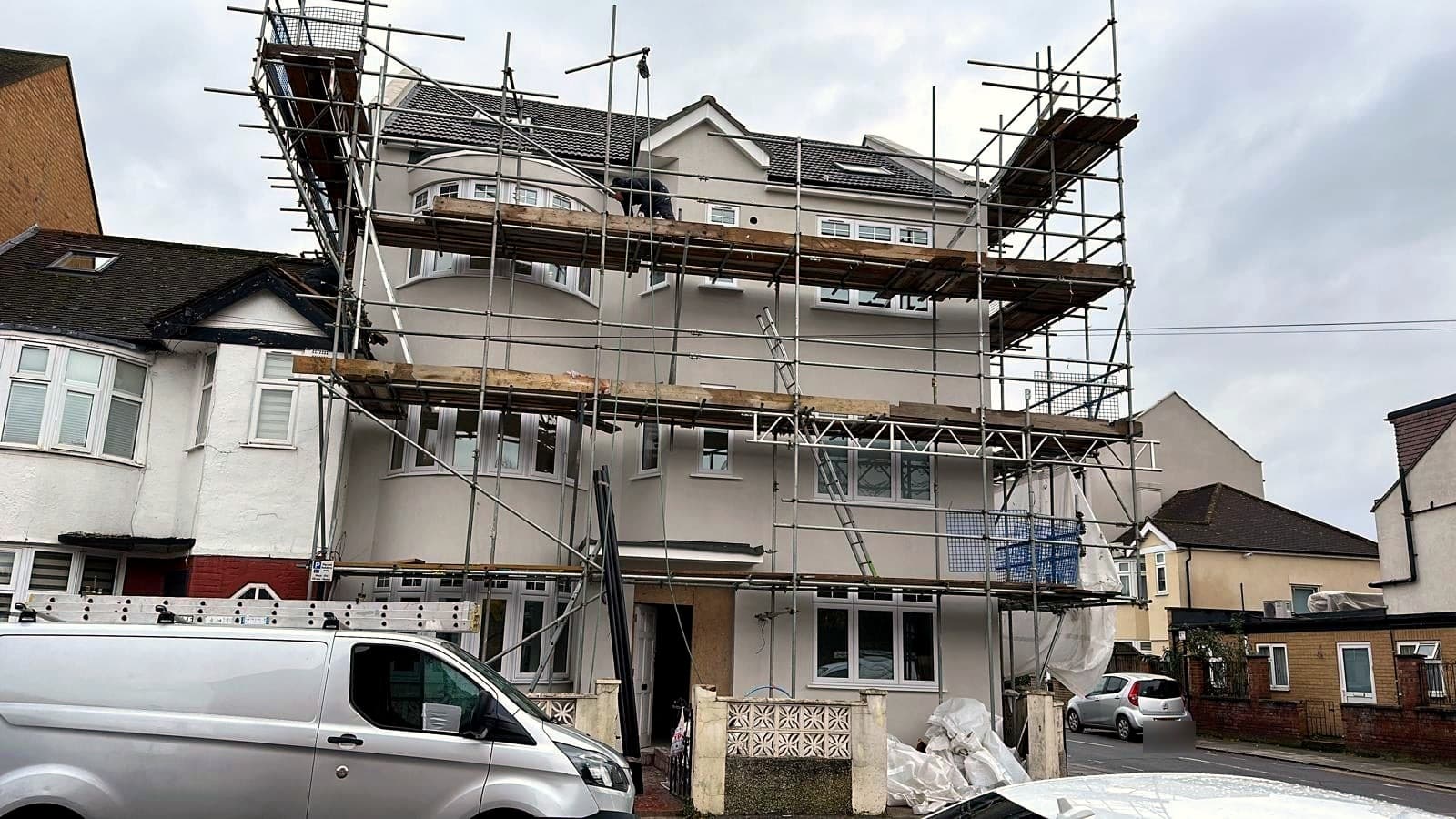 Whole house under scaffold for the side extension and loft extension